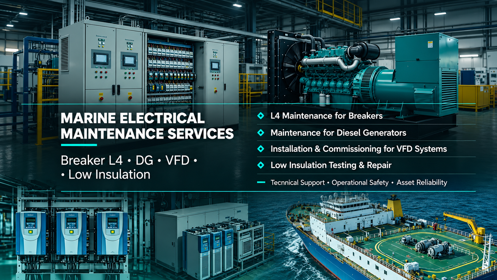 Marine electrical maintenance services covering breaker L4, diesel generators, VFD systems and low-insulation repair